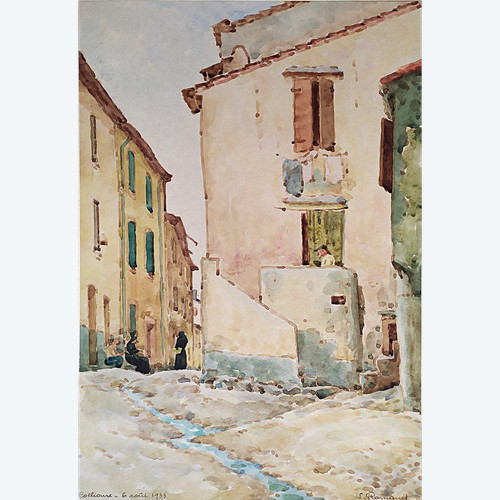 Collioure Landscape Watercolor By Louis Henri Romanet 20th C
