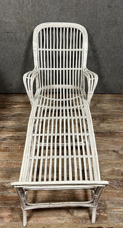 Vintage-Liegestuhl oder -Liege aus weiß lackiertem Rattan 1960er Jahre
