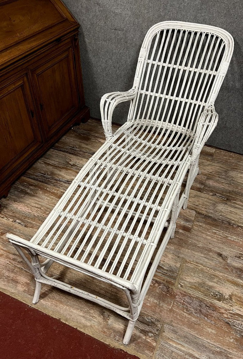 Vintage-Liegestuhl oder -Liege aus weiß lackiertem Rattan 1960er Jahre