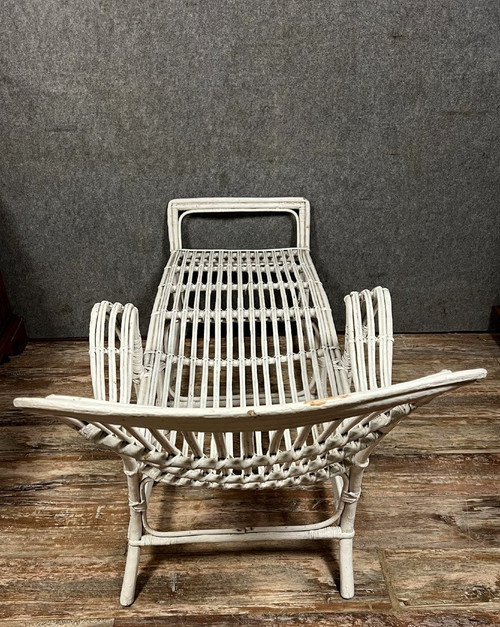 Vintage-Liegestuhl oder -Liege aus weiß lackiertem Rattan 1960er Jahre