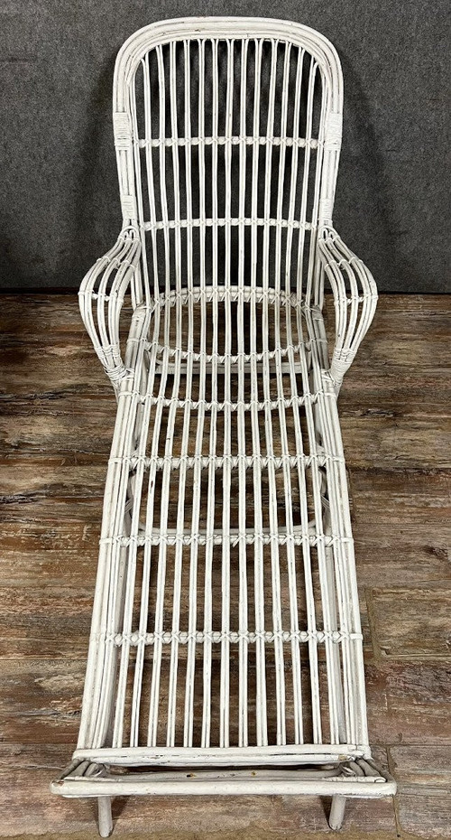 Vintage-Liegestuhl oder -Liege aus weiß lackiertem Rattan 1960er Jahre