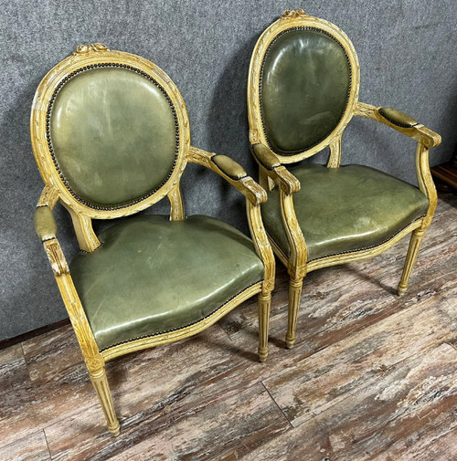 Pair of Louis XVI Cabriolet armchairs with medallion backs in ceruse wood from the 19th century