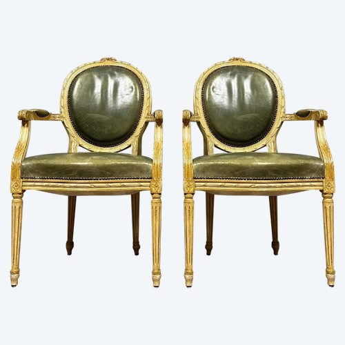 Pair of Louis XVI Cabriolet armchairs with medallion backs in ceruse wood from the 19th century