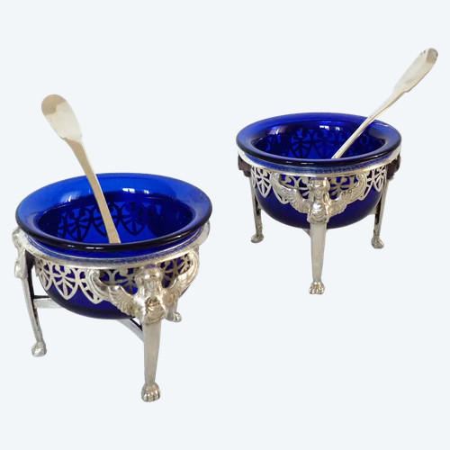 Paire de salerons / salières Empire aux Egyptiennes en argent massif - début XIXe siècle 1809 - 1818