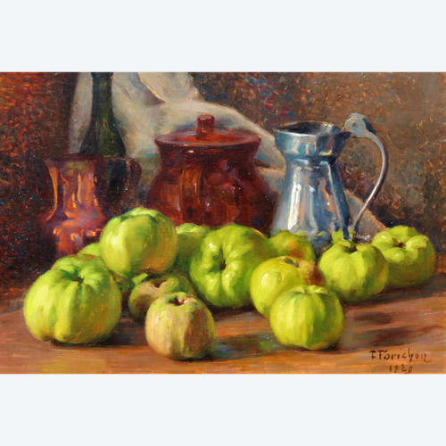 François FORICHON 1865-1952 Nature morte aux pommes, tableau, 1929, post-impressionnisme, Art Déco