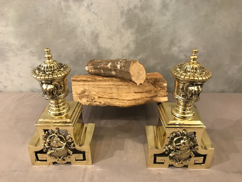 Pretty antique bronze andirons with animal decor from the 19th century