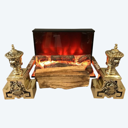Pretty antique bronze andirons with animal decor from the 19th century