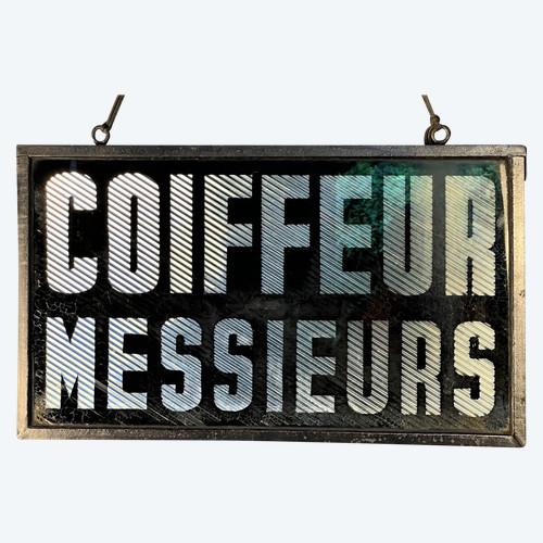 Enseigne « coiffeur » double face art déco en verre églomisé vers 1930