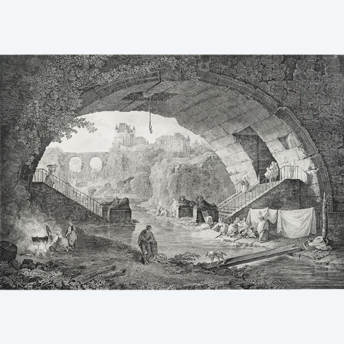 Sphinx Bridge Italy Engraving 19th C After Hubert Robert Etching  Old Print