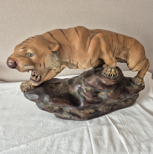 Brüllender Tiger aus mehrfarbigem Terrakotta von Thomas François CARTIER-um 1930