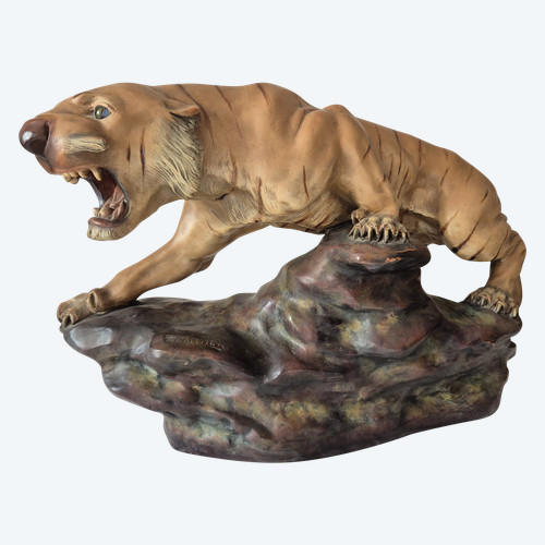 Brüllender Tiger aus mehrfarbigem Terrakotta von Thomas François CARTIER-um 1930