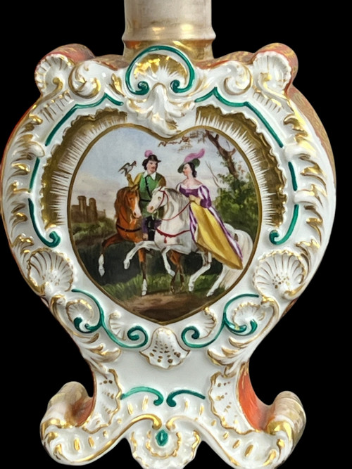 Jacob Petit ( 1796- 1868 ) Paire De Flacons En Porcelaine Polychrome De Scenes Courtoises