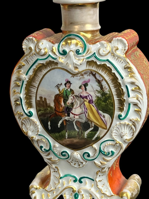 Jacob Petit ( 1796- 1868 ) Paire De Flacons En Porcelaine Polychrome De Scenes Courtoises