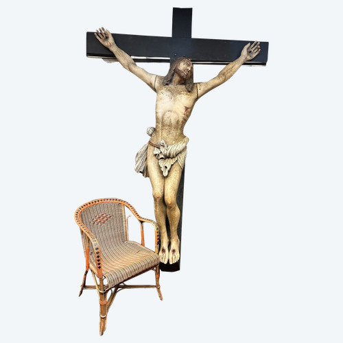 Christ En Croix Souffrant (grandeur Nature) Bois Polychrome D’époque Fin XVIIIème H 250 Cm 