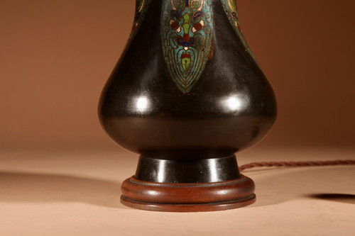 Unusual Japanese bronze Champlevé table lamp.