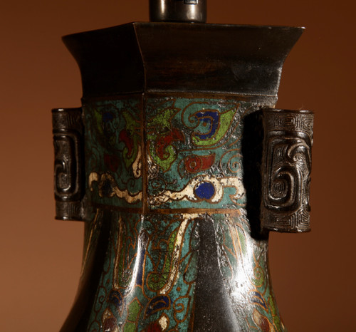Unusual Japanese bronze Champlevé table lamp.