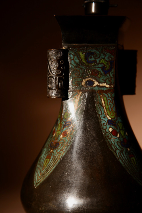 Unusual Japanese bronze Champlevé table lamp.