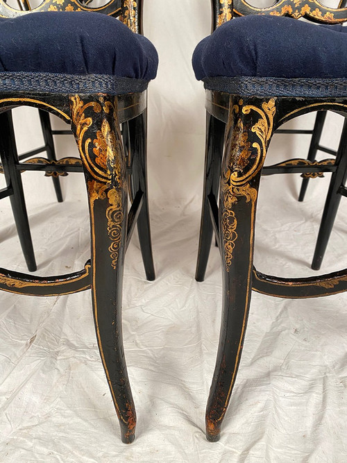 Set of four chairs in black burgauté lacquered wood with gold decoration, Napoleon III