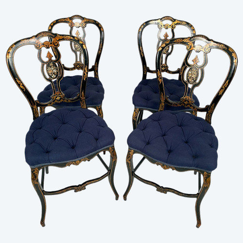 Set of four chairs in black burgauté lacquered wood with gold decoration, Napoleon III