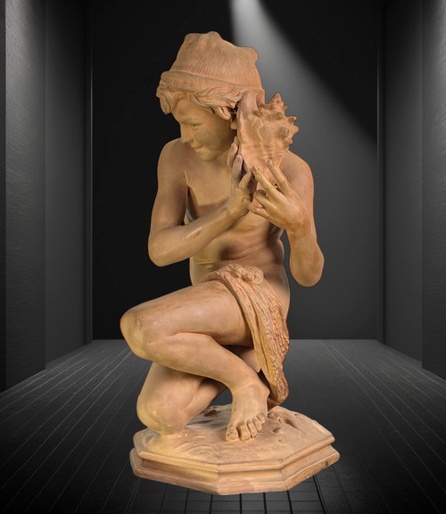 JEAN BAPTISTE CARPEAUX / TERRE CUITE SIGNÉE LE PÊCHEUR NAPOLITAIN A LA COQUILLE