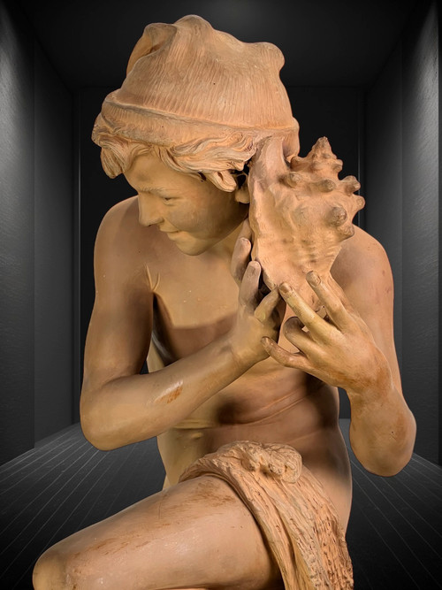 JEAN BAPTISTE CARPEAUX / TERRE CUITE SIGNÉE LE PÊCHEUR NAPOLITAIN A LA COQUILLE