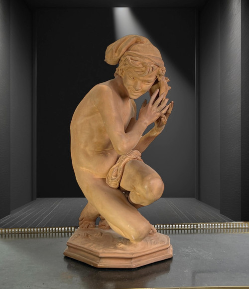 JEAN BAPTISTE CARPEAUX / TERRE CUITE SIGNÉE LE PÊCHEUR NAPOLITAIN A LA COQUILLE