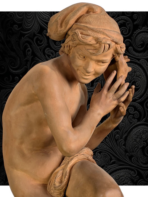 JEAN BAPTISTE CARPEAUX / TERRE CUITE SIGNÉE LE PÊCHEUR NAPOLITAIN A LA COQUILLE