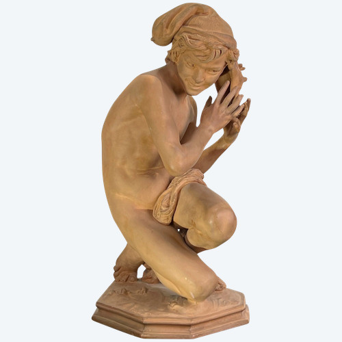 JEAN BAPTISTE CARPEAUX / TERRE CUITE SIGNÉE LE PÊCHEUR NAPOLITAIN A LA COQUILLE