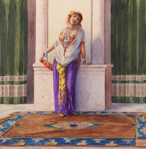 Marcel BLAIRAT 1849-1891 Jeune femme orientale nue, grande aquarelle orientaliste, vers 1880
