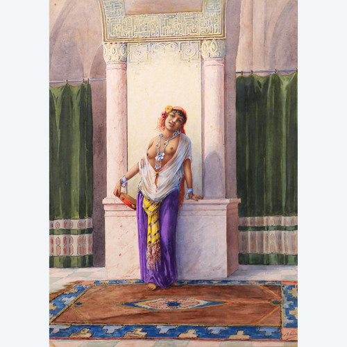 Marcel BLAIRAT 1849-1891 Jeune femme orientale nue, grande aquarelle orientaliste, vers 1880
