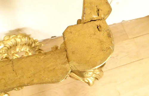 Konsole Louis XV Holz geschnitzt Vergoldet Rocaille Schalen Marmor Weiß XVIII.