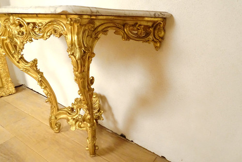 Konsole Louis XV Holz geschnitzt Vergoldet Rocaille Schalen Marmor Weiß XVIII.