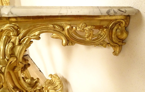 Konsole Louis XV Holz geschnitzt Vergoldet Rocaille Schalen Marmor Weiß XVIII.
