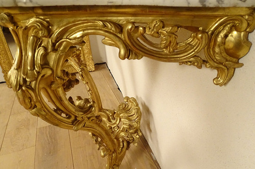 Konsole Louis XV Holz geschnitzt Vergoldet Rocaille Schalen Marmor Weiß XVIII.