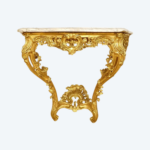 Konsole Louis XV Holz geschnitzt Vergoldet Rocaille Schalen Marmor Weiß XVIII.