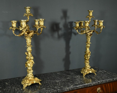 Candélabres en Bronze d’après J-A.Meissonnier, style Rocaille, époque Napoleon III – Milieu XIXe