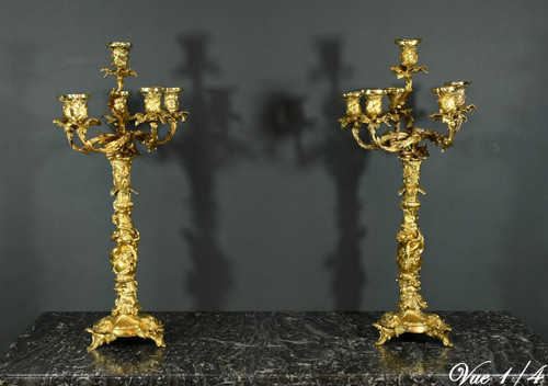 Candélabres en Bronze d’après J-A.Meissonnier, style Rocaille, époque Napoleon III – Milieu XIXe