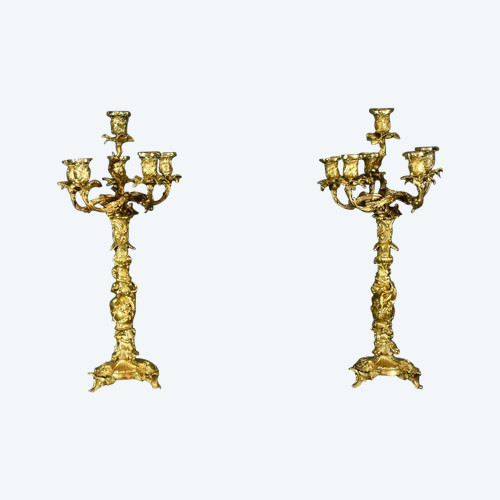 Candélabres en Bronze d’après J-A.Meissonnier, style Rocaille, époque Napoleon III – Milieu XIXe