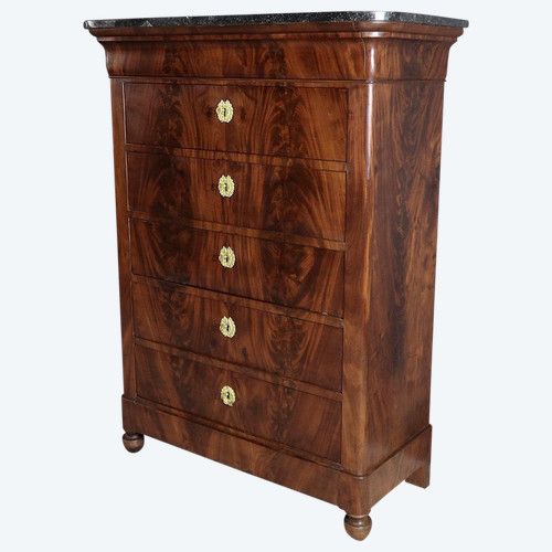 Chiffonnier en ronce d’acajou, époque Restauration – Début XIXe