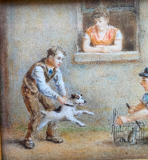 19th century framed miniature. “Training a rat dog”.