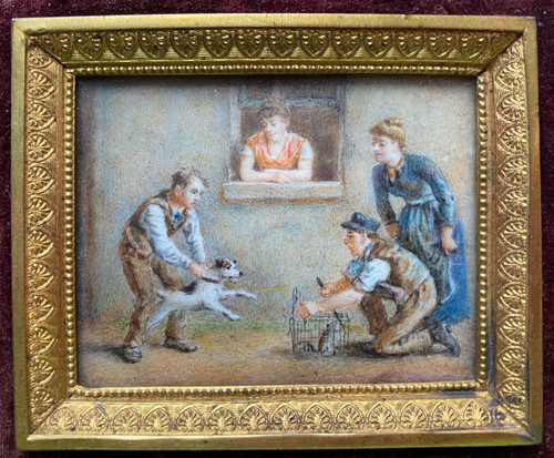 19th century framed miniature. “Training a rat dog”.