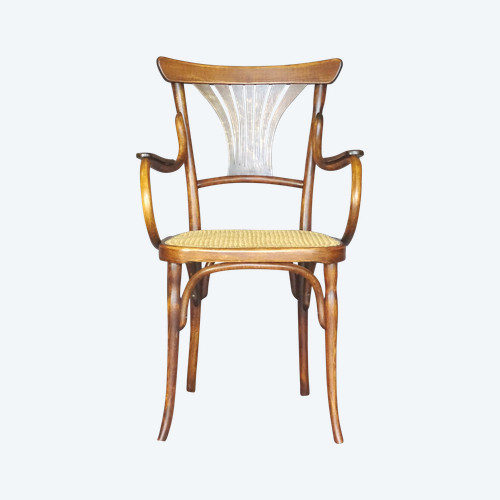 Bentwood armchair, curved wood, bistro KOHN N°196, 1905, new canework; No Thonet