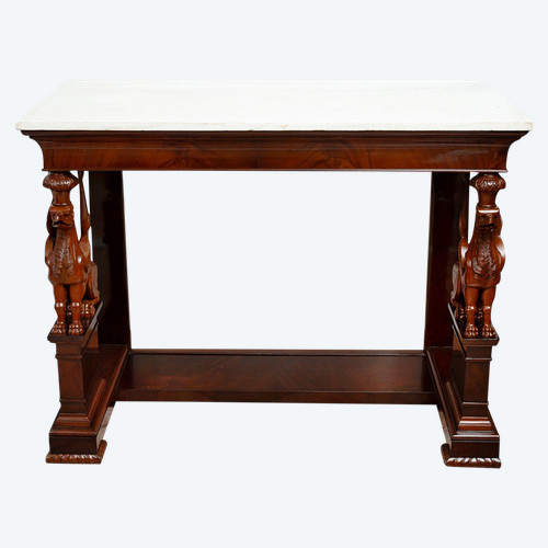 Console Ancienne Empire Sicilien En Acajou Avec Plateau En Marbre. Epoque 19ème Siècle.