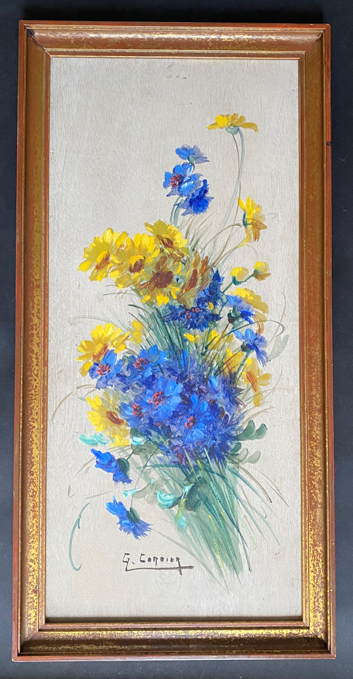 Gaston Cordier. Öl auf Holz, gerahmt, Anfang des 20. Jahrhunderts. Jahrhundert: "Strauß aus Kornblumen und gelben Astern.