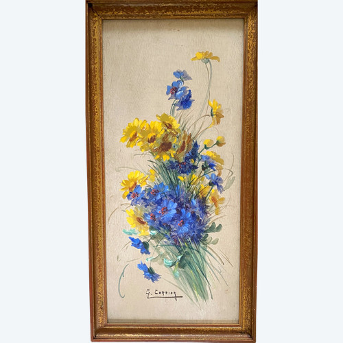 Gaston Cordier. Öl auf Holz, gerahmt, Anfang des 20. Jahrhunderts. Jahrhundert: "Strauß aus Kornblumen und gelben Astern.