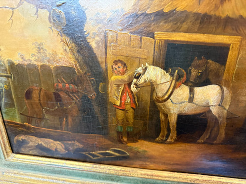 OLIO SU LEGNO SCENA DI CAVALLO XIX secolo