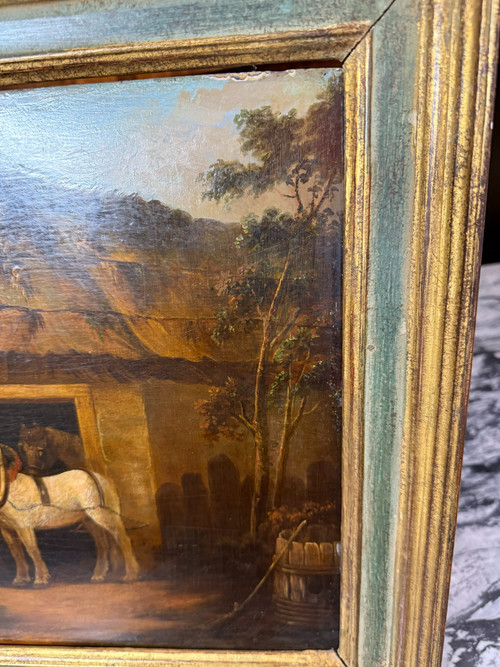 OLIO SU LEGNO SCENA DI CAVALLO XIX secolo