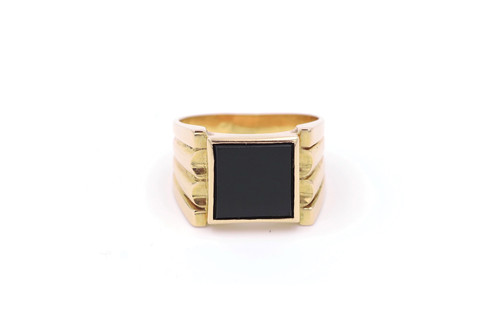 Anello con sigillo in oro 18 ct., anello da uomo, anello con sigillo retrò, placca in onice, Tank