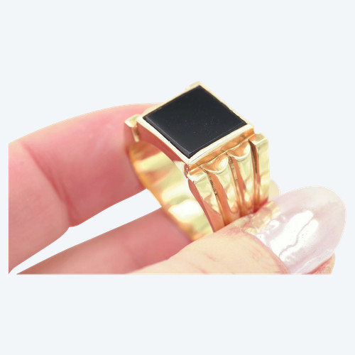 Anello con sigillo in oro 18 ct., anello da uomo, anello con sigillo retrò, placca in onice, Tank
