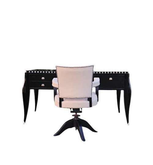 Fauteuil De Bureau Tournant Art Déco En Cuir Ivoire